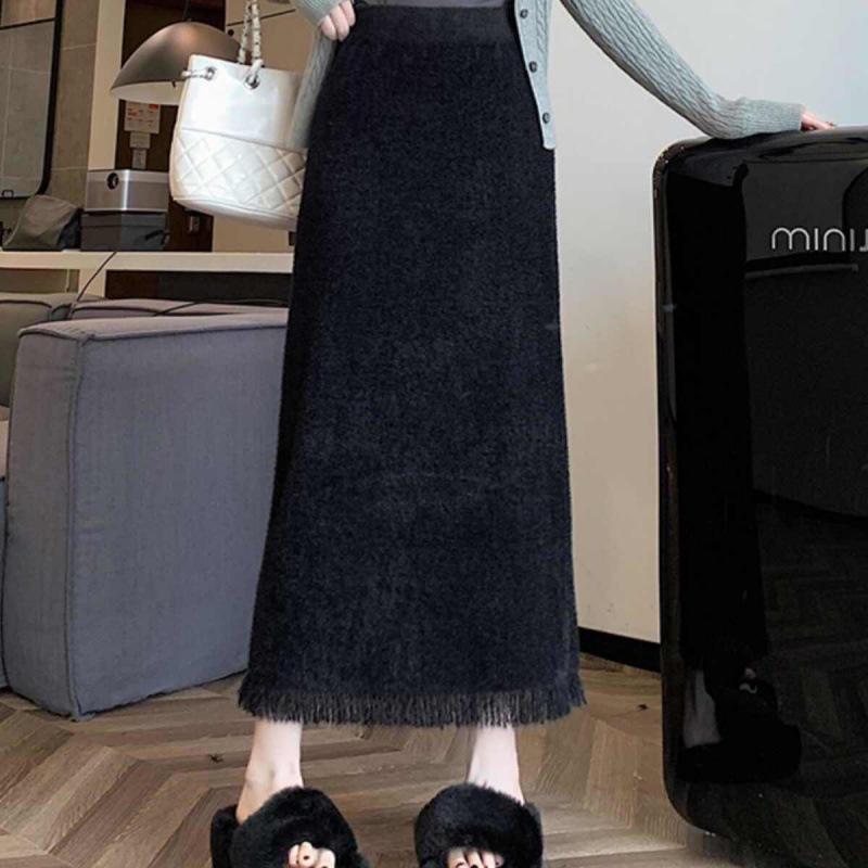 

Миди-юбка А-силуэта из трикотажа с кисточками, осенне-зимняя шерстяная юбка с высокой талией L (105-115 jin recommended)