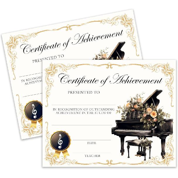 Piano Certificate of Achievement, Music Award Certificates for Kids, 25 Pack Recital Completions, Certificate of Recognition for Honor Music