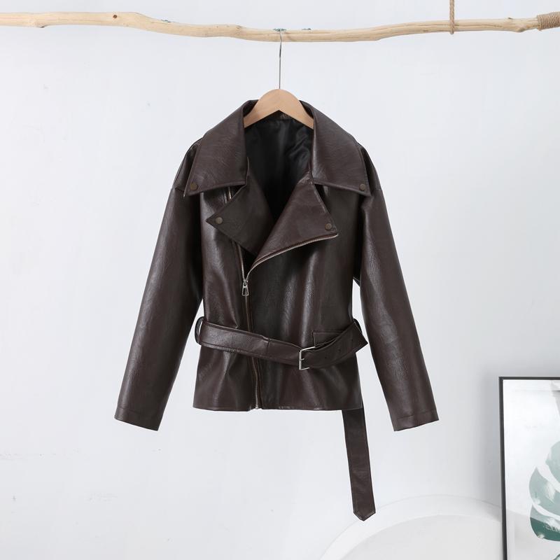 Zipper Lapel Lace-up Loose Leather Jacket Women's Motorcycle Style Short Jacket Fashion Streetwear Autumn 2025