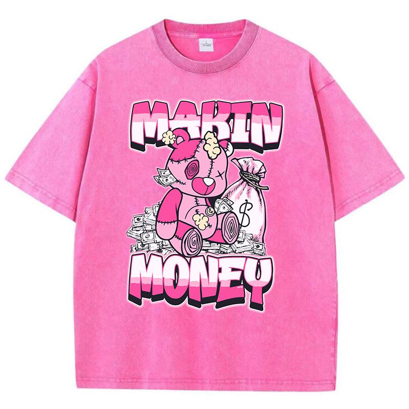 Street Women Washed T-Shirts Making Money Bear Printing Tops Comfortable Crewneck Cotton Oversize Tees Summer Clothes