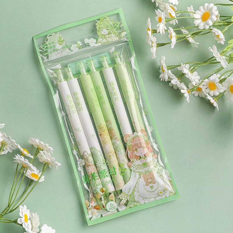 

Kawai Stationery Bag of 6 Matcha Party Press Gel Pens Student ST Quick Drying Wate Based Black Signature Office School Supplies