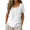 Women Solid Short Sleeve Round Neck Embroidered Cotton Linen Loose Top