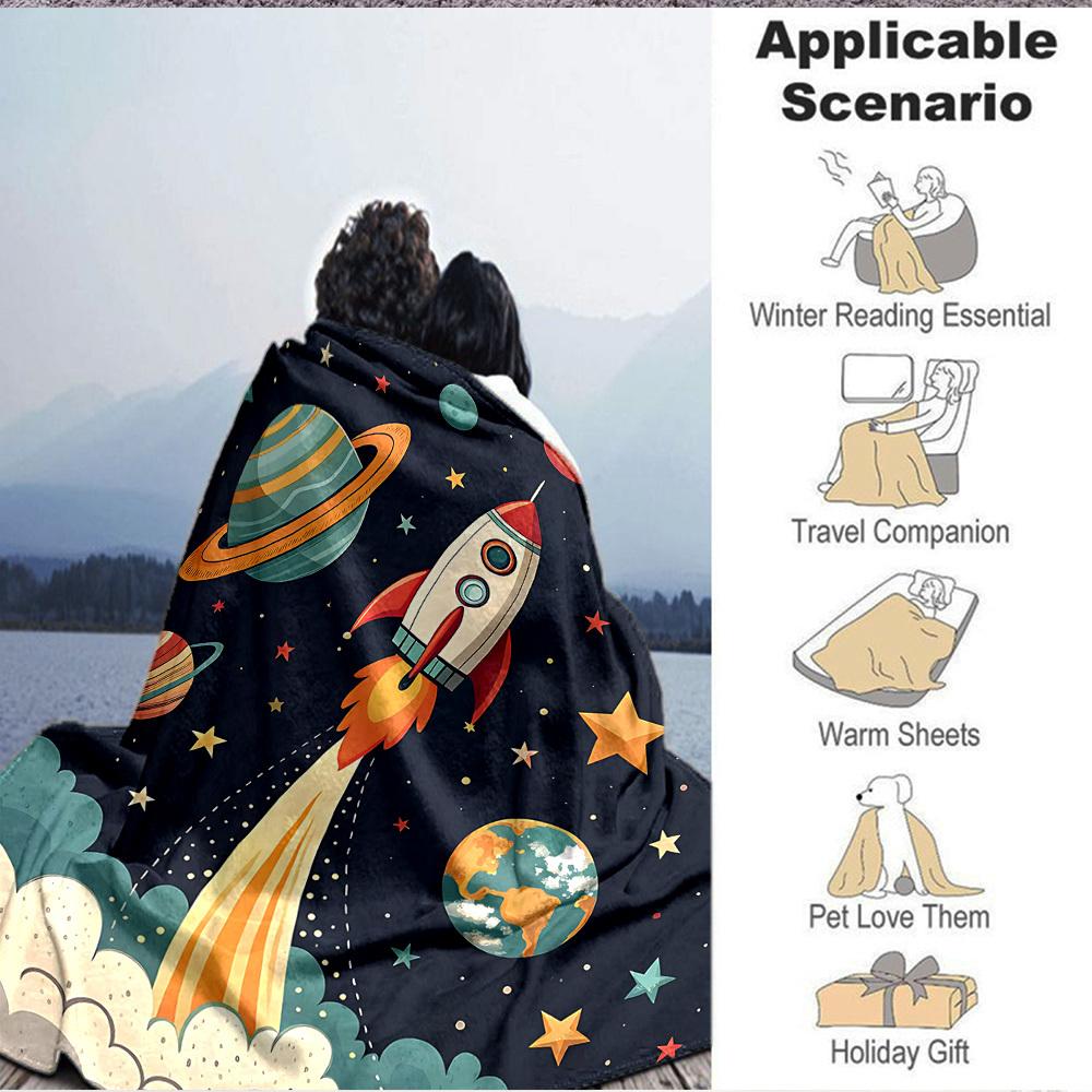1pc Space Adventure Blanket, Lightweight Flannel Throw Blanket for Sofa, Bed, Travel, Camping, Living Room, Office, Couch031