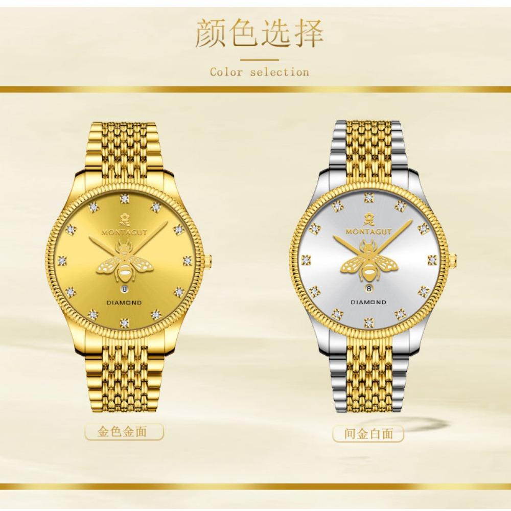 Women Quartz Wrist Watch Bee Dial Rhinestone Decor Date Window Elegant Stainless Steel Wristwatch
