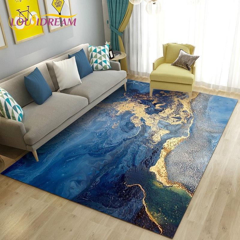 Nordic Marble Texture Goldren Cyan Area Rug Large,Carpet Rug for Living Room Bedroom Sofa Doormat Decor,Kid Non-slip Floor Mat