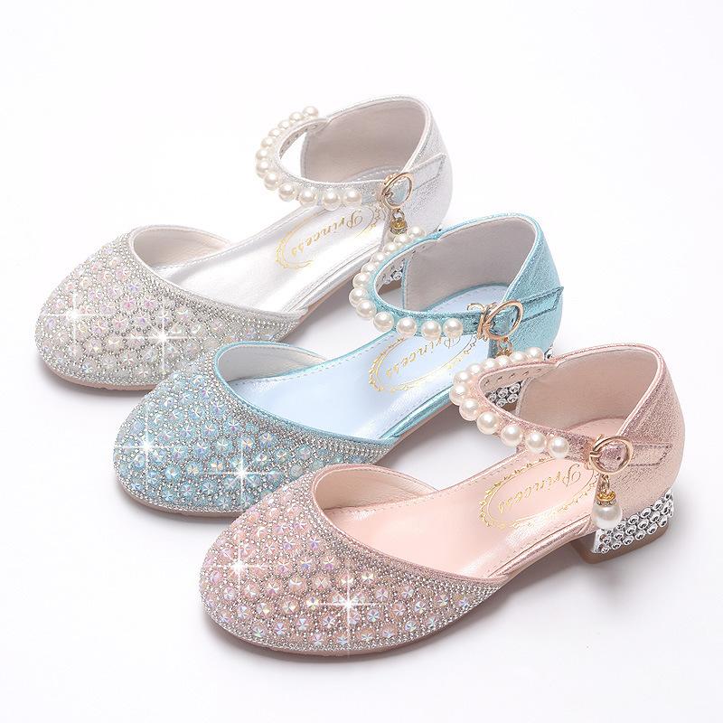 Children's High-heeled Shoes, Princess Dress Shoes for Girls, Crystal Shoes for Little Girls, Single Shoes with Pearls and Sparkling Diamonds for