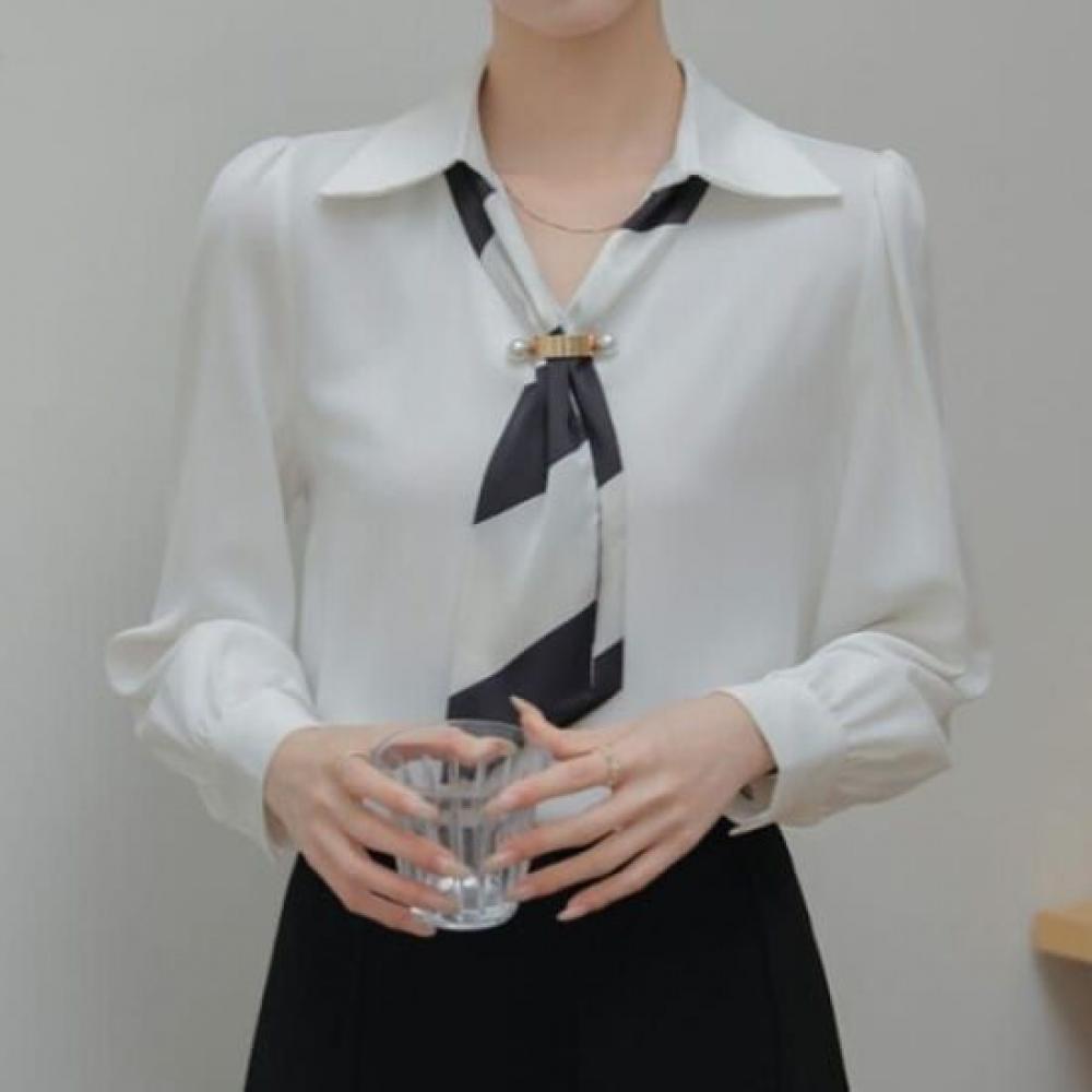 Navava Classic Mood Color Block Scarf Neck Long Sleeve Blouse Nb2531