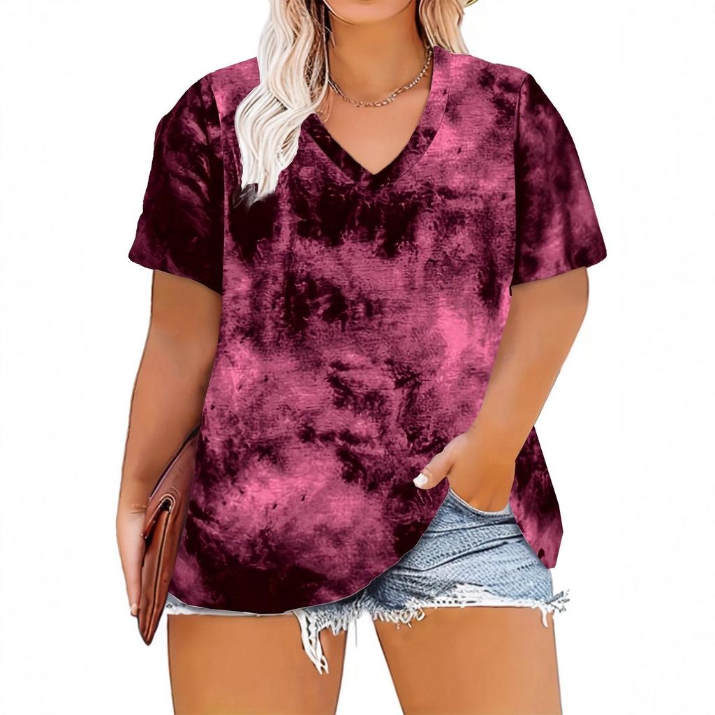 Plus Size Tie-Dye V-Neck Top for Women - Purple, Red, Gray