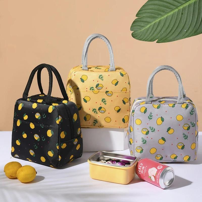 Lemon Printed Cooler Lunch Box Portable Insulated Aluminum Foil Canvas Lunch Bag Thermal Food Picnic Lunch Bags For Women Kids
