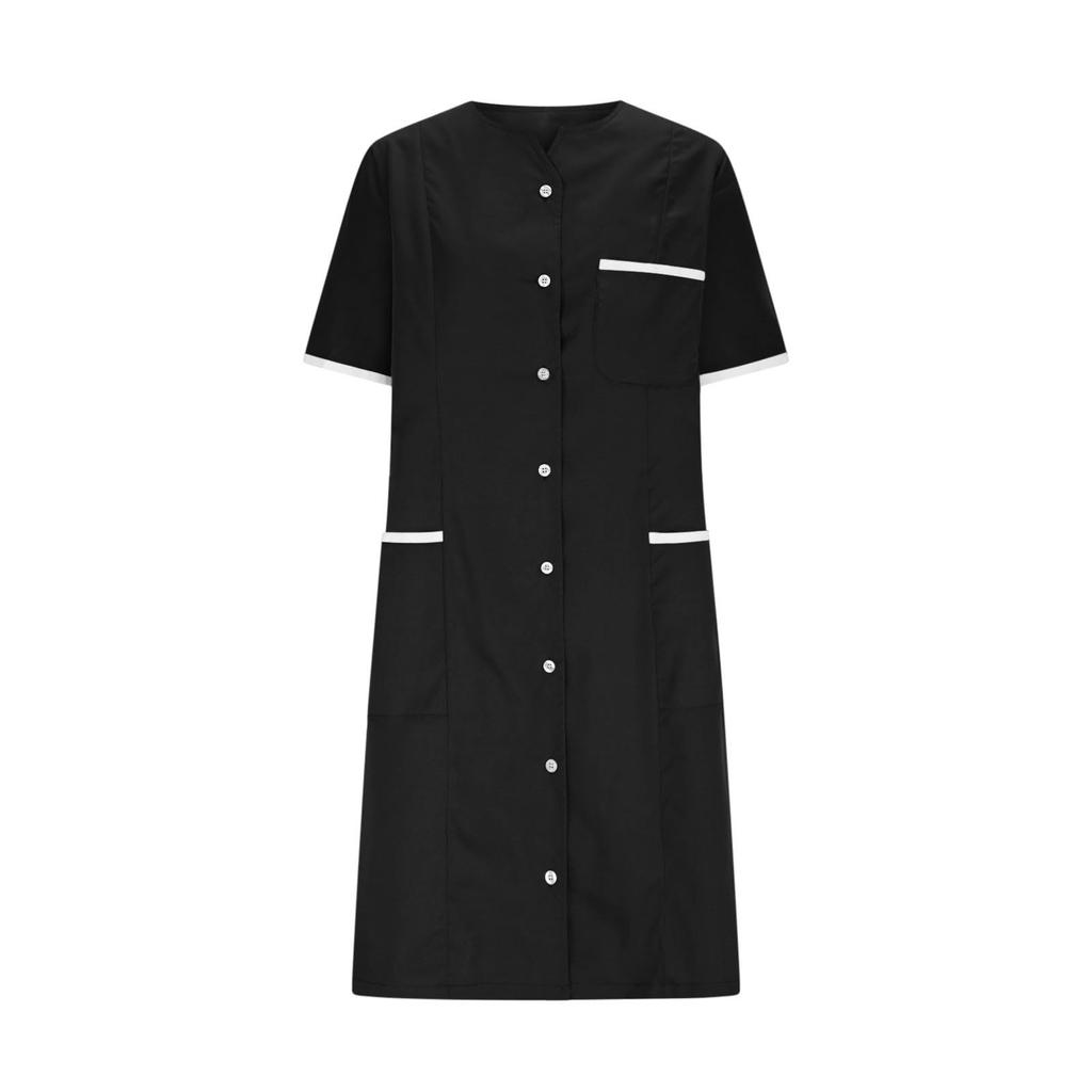 Women's Casual Workwear Solid Color V Neck Short Sleeved Button Pocket Loose Caregiver Dress