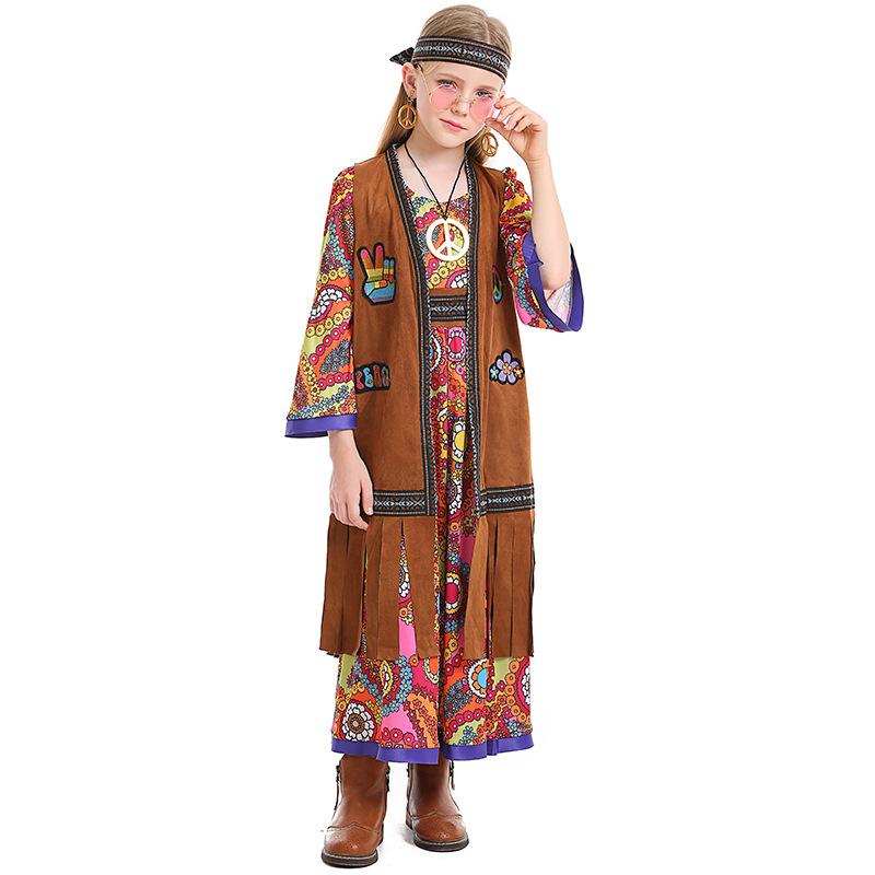 

Kids Girls Retro 70s Hippie Disco Singer Dancer Primitive Tribe Floral Dress Vest Set Countryside Halloween Cosplay Costumes Outfit L