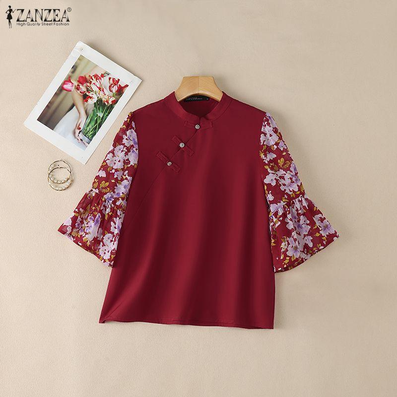 ZANZEA Damen Freizeit Stehkragen Print Patchwork 3/4 Ärmel Elegante Bluse