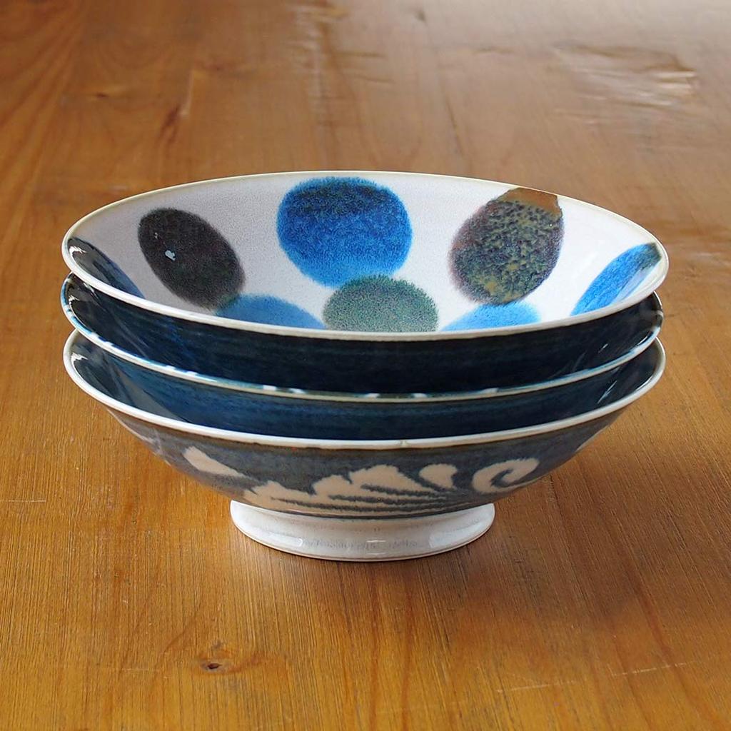 Awasaka Arabesque Salad Diameter X Height Microwave and Dishwasher Made In "Brush Blue" Bowl/Noodle Bowl, 25.5cm 7.5cm, Safe, Japan, MN-857