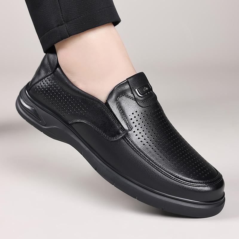 Cool leather shoes men's leather soft sole summer comfortable and breathable dress business men's shoes round head hollow casual hole hole men's shoes