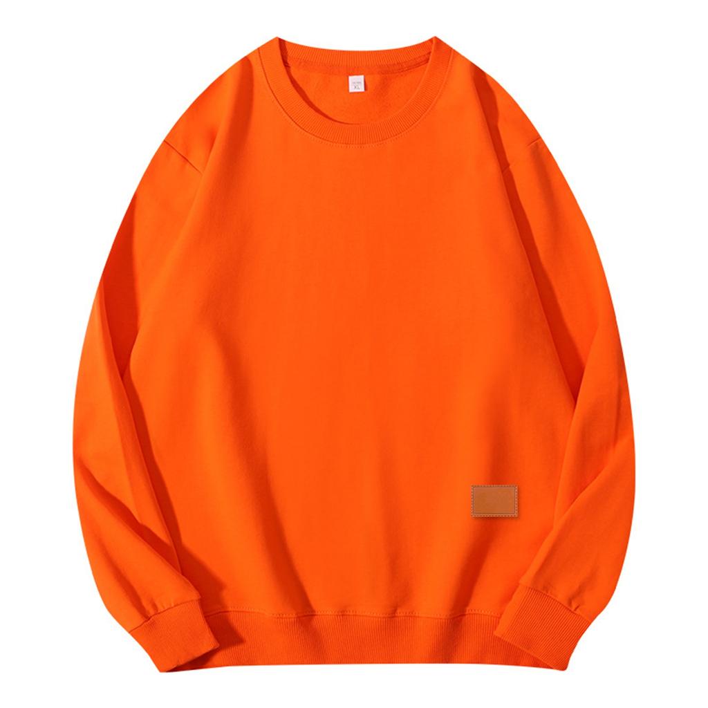 Unisex Solid Color Cowhide Label Round Neck Pullover Ribbed Long-sleeved Sweatshirt