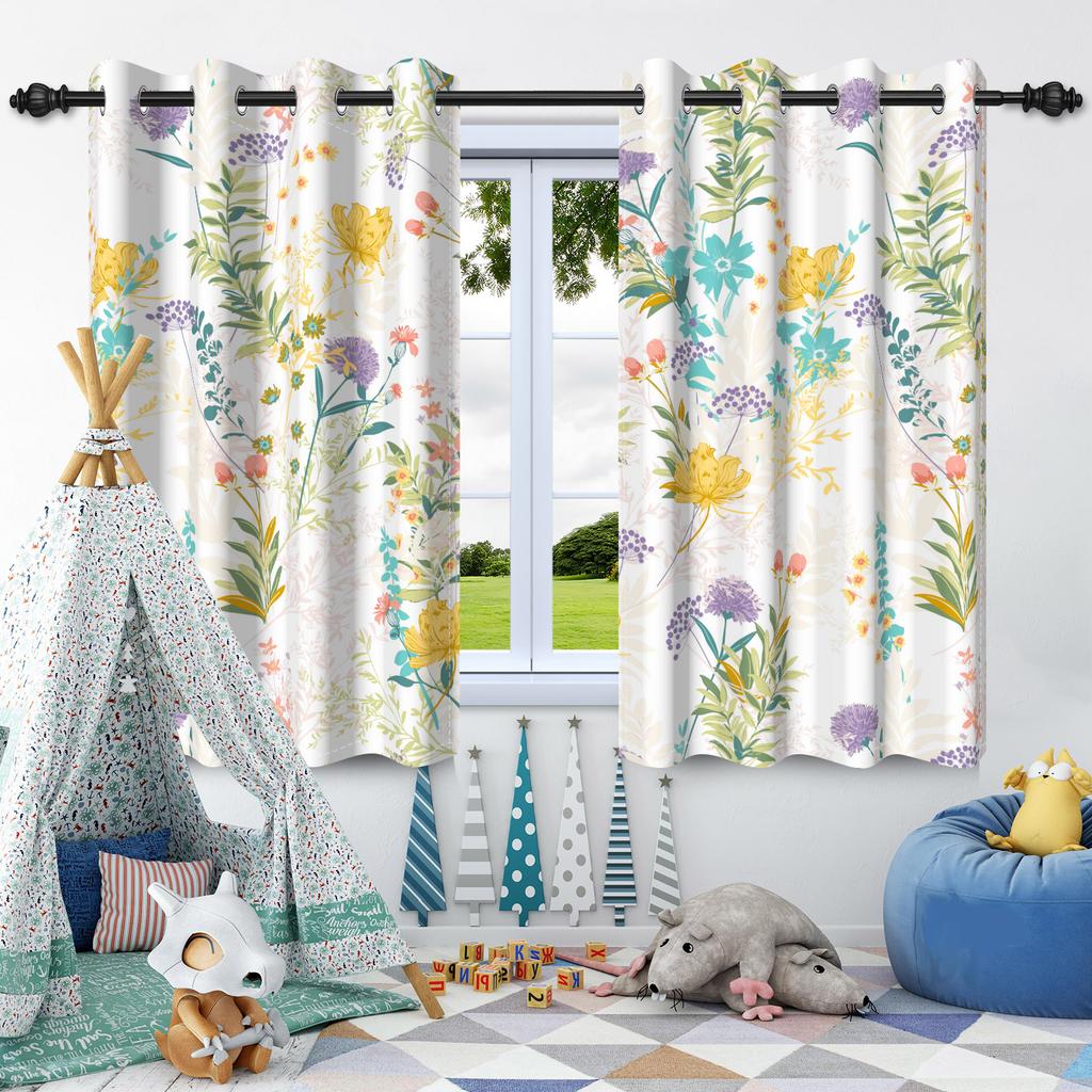 Wildflowers Floral Green Plants Window Curtains Blackout Washable Polyester Fabric Bedroom Living Room Home Decor Curtain 2 Pcs
