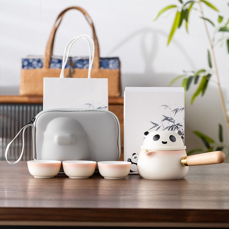 Guochao Side Handle, a Pot of Three Cups of Travel Tea Set, Light Luxury, Modern Suet Jade Porcelain, Business Commemorative Gift