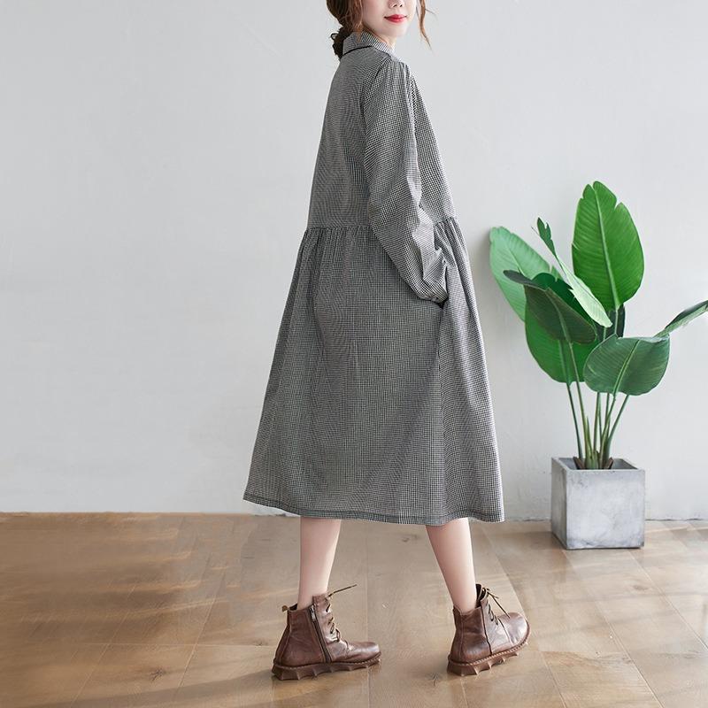 Loose Plus Size Women's Cotton Linen Checkered Shirt Skirt