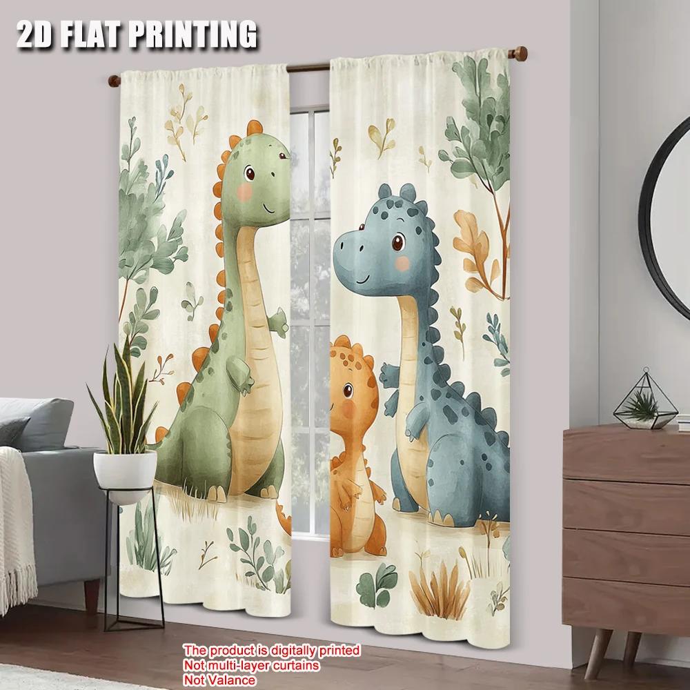 2pcs 2D Flat Printing Scene Curtain Cute Dinosaur Watercolor 100% Polyester Without Electricity Festive Curtains Perfect for