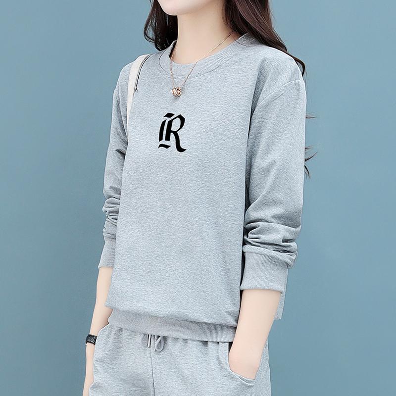 Women's Korean-Style Casual Pullover Solid Color Loose Round Neck Lettering Slimming Long-Sleeve Sweatshirt