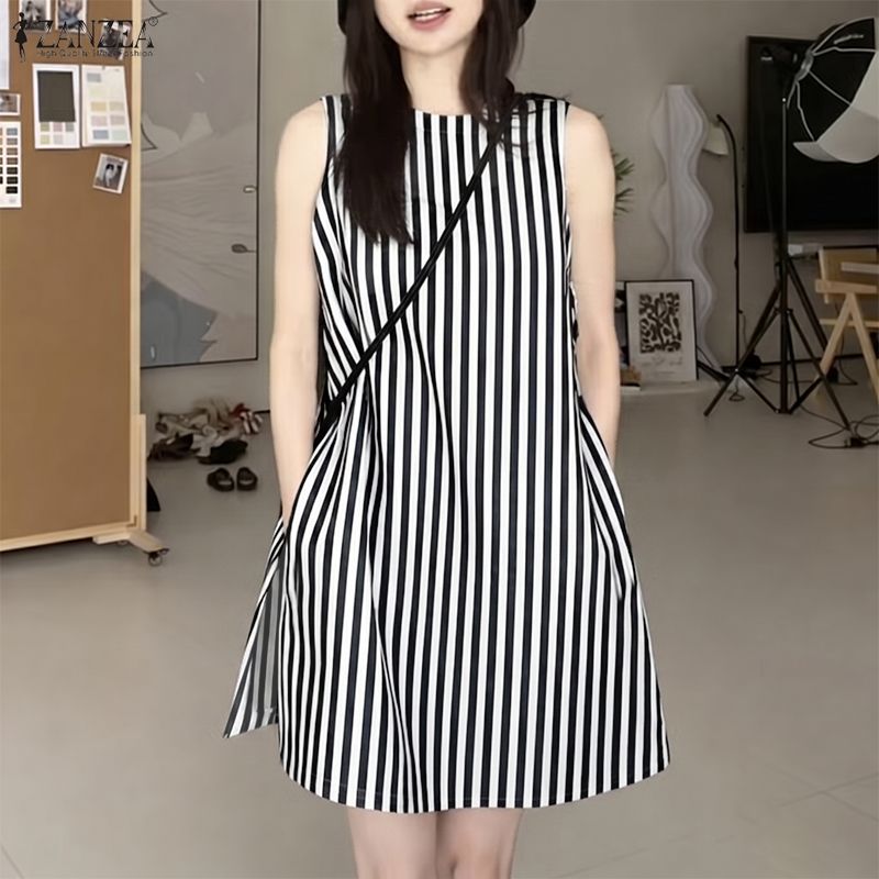 ZANZEA Women Stripe Print Casual Round Neck Sleeveless Vest Tops S