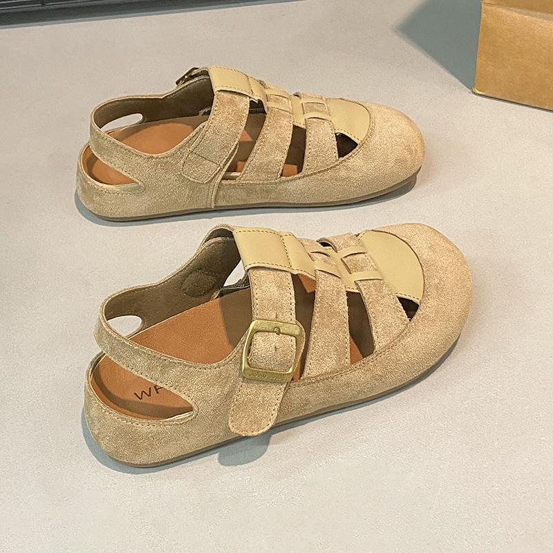 Fashion Women's Casual Round Head Flat Shoes Summer New Baotou Cow Suede Metal Buckle Soft Sole Anti-slip Wear-resistant Sandals