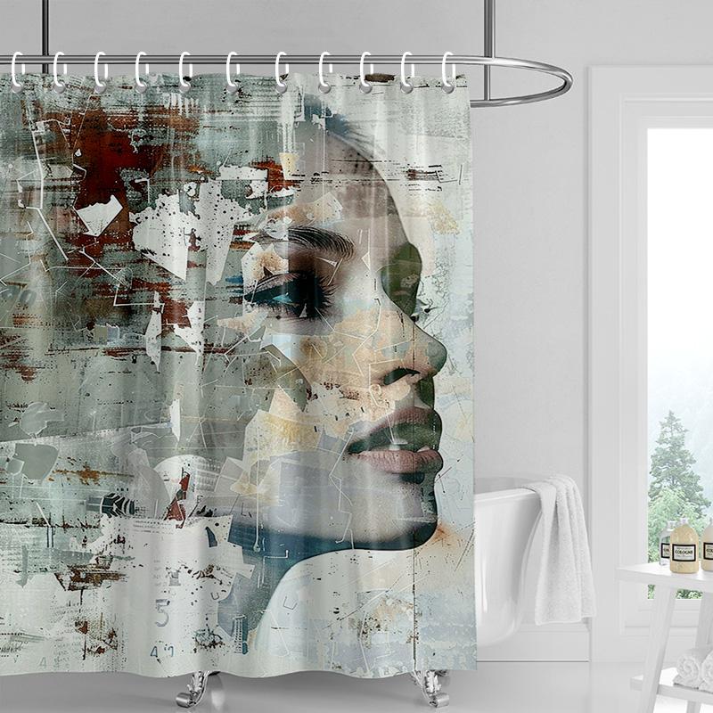 Marble Textured Shower Curtain-Classic Bust Sculpture with Crack Stone Effect, Waterproof Art Bathroom Decoration