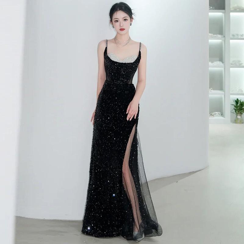 Suspender Toast Bride Wedding Return Girl Summer Style Sequin Engagement Dress French Evening Dress Burgundy