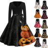 Women's Casual Vintage V Neck Dress Halloween Print Long Sleeve Fit and Flare Dress with Waist Tie Retro Style Midi Dress