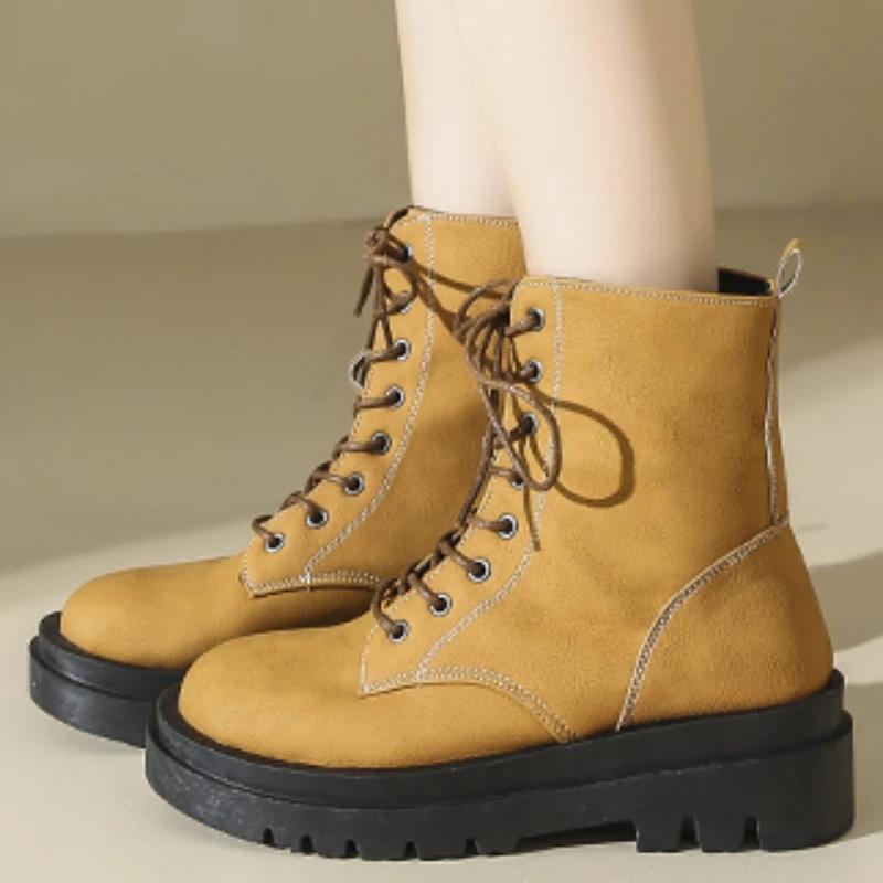 

Shoes for Women 2024 Fashion Lace Up Women s Boots Autumn Round Toe Mixed Colors Low-heeled Water Proof Large Size Naked Boots