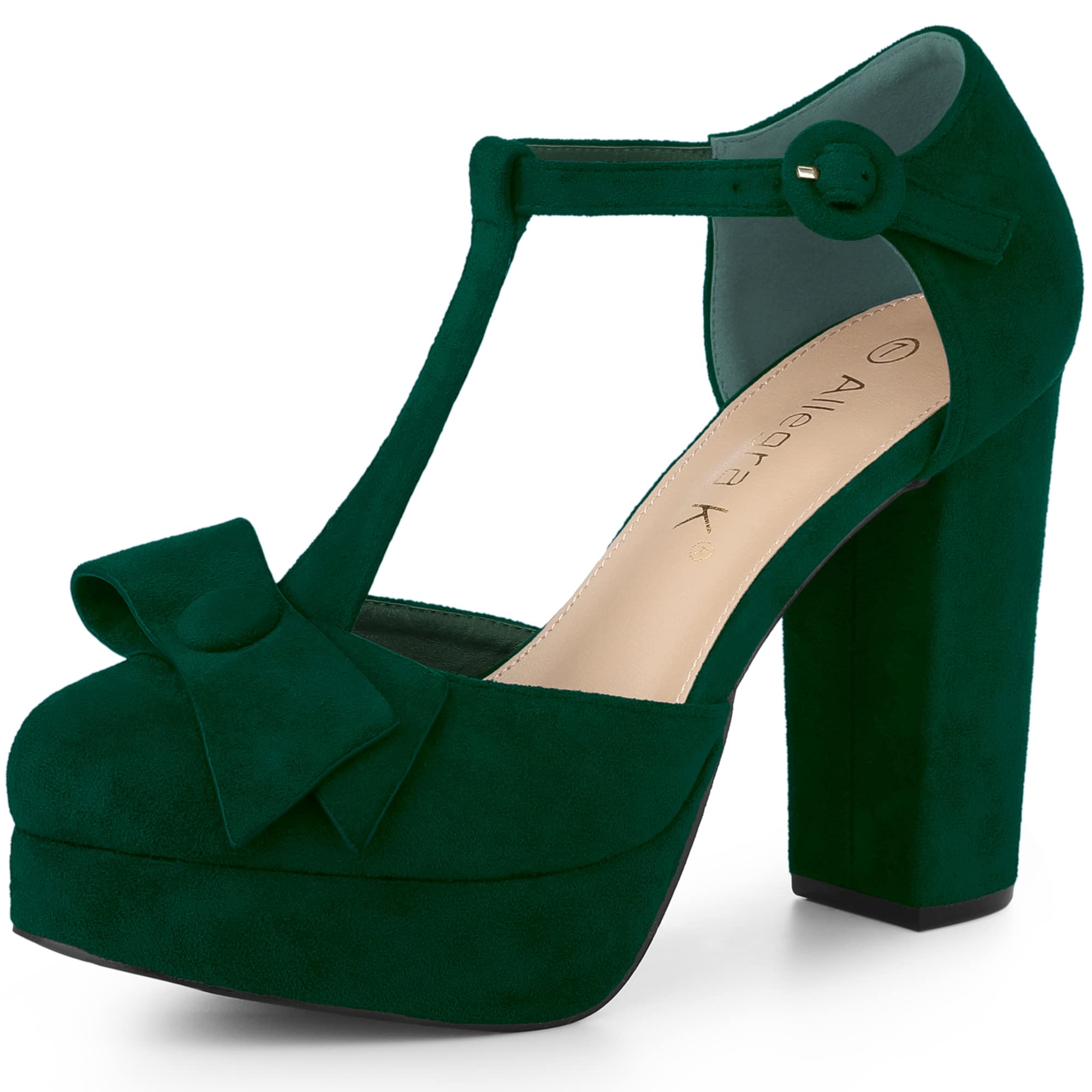 Allegra K Women s T-Strap Pumps Round Toe Block Heel Green Size 240cm 9990₽