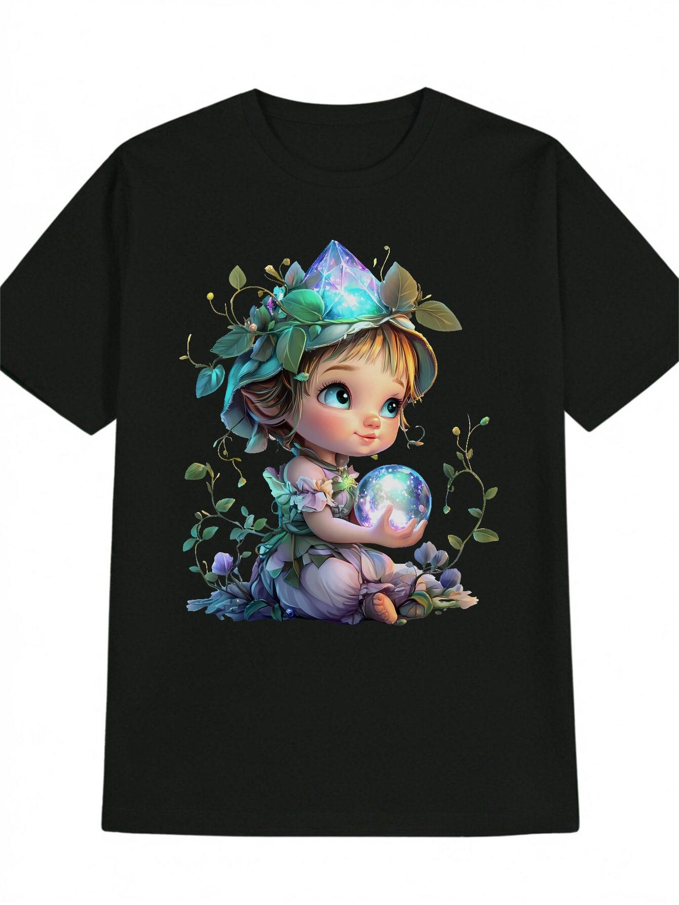 Casual Versatile Round Neck T-shirt with Glowing Sphere Print XL