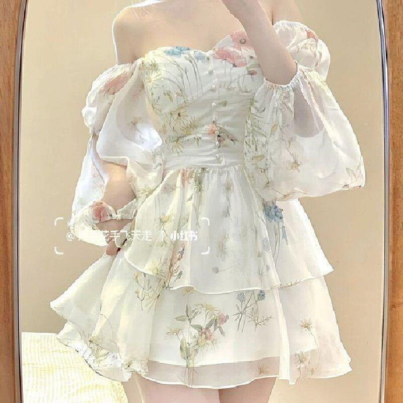 French floral long-sleeved dress children early autumn French first love princess tutu skirt waist small short skirt