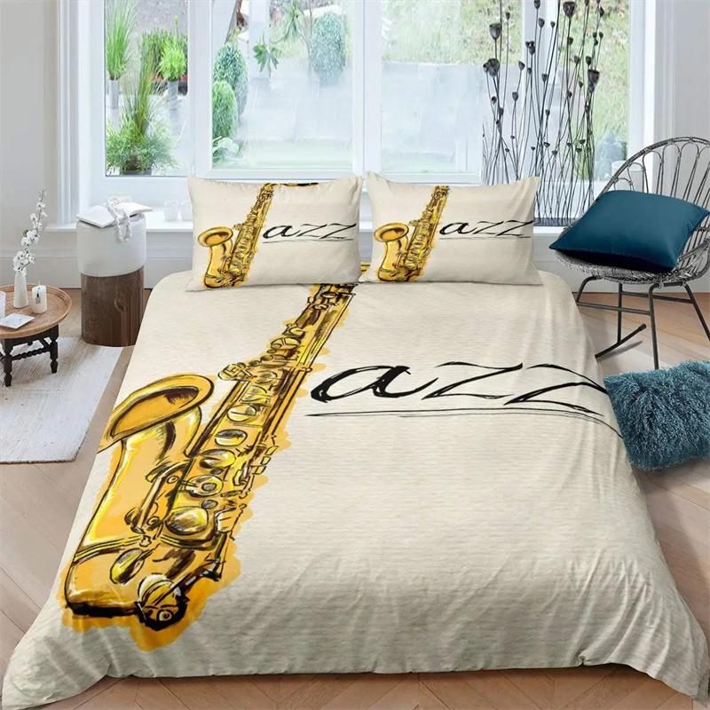 Saxophone Duvet Cover Set Rotating Musical Notes Bedding Set Musical Instrument Retro Jazz Music Theme Twin Quilt Cover For Kids