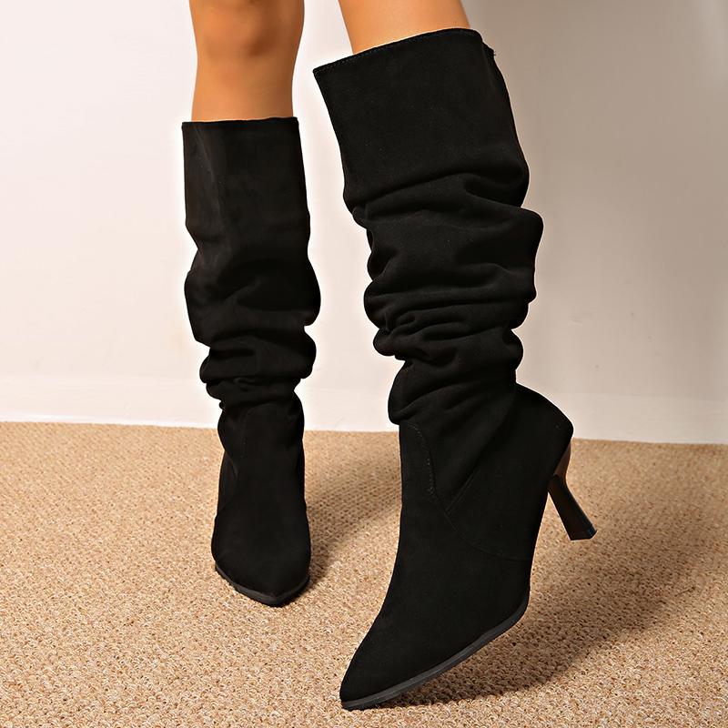 Fashion Elegant Black Pointed Toe Knee High Boots for Women Pleated Design Stiletto High Heels Botas Mujer 2025 Autumn Loose Long Boots