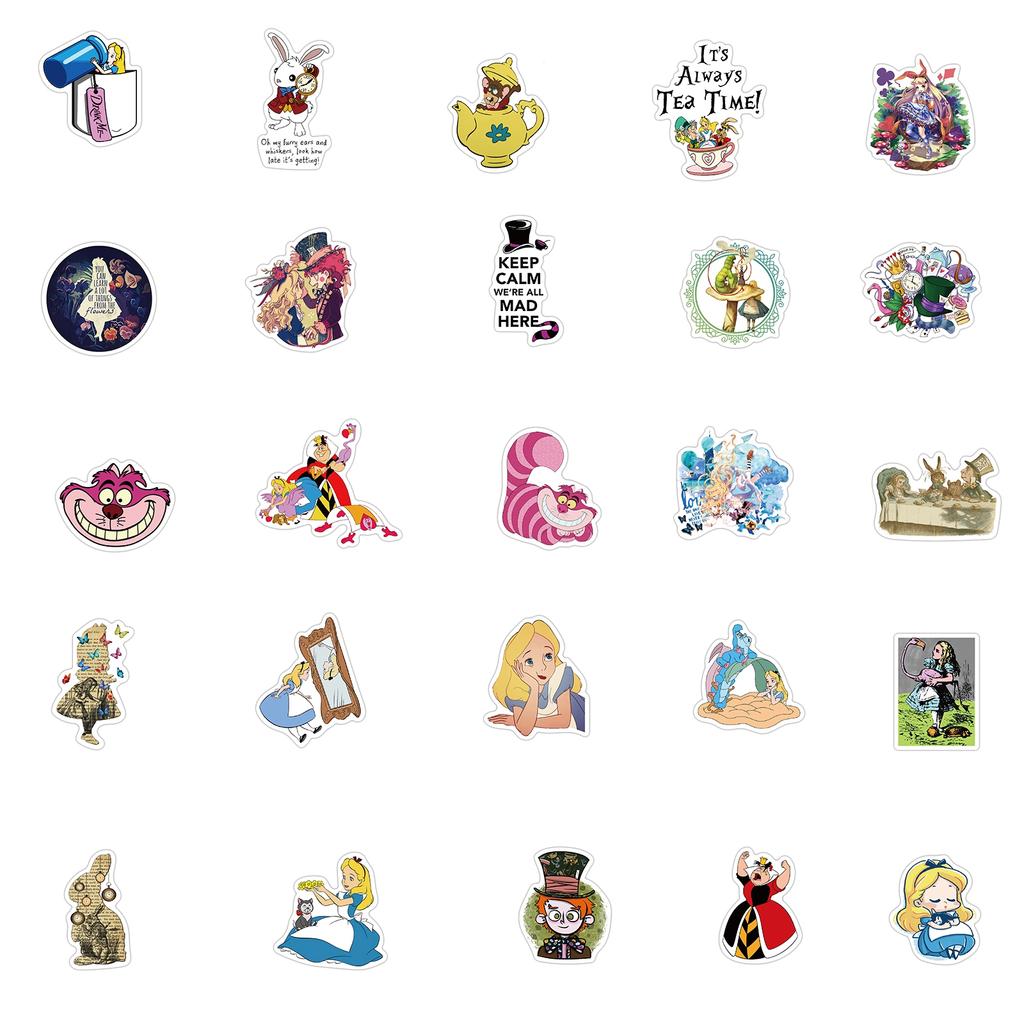 50pcs Disney Movie Alice in Wonderland Stickers Cute Cartoon Graffiti Sticker Decals for Kids Toy Water Bottle Phone Case
