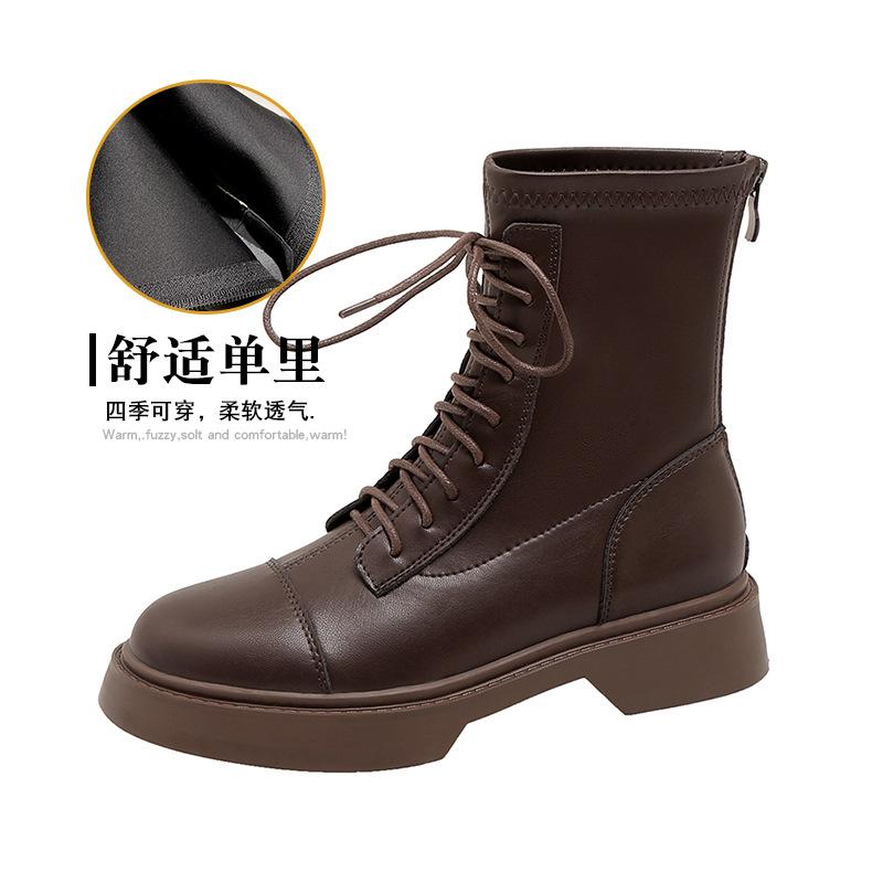 Leather thick-soled Martin boots women's new spring and autumn short boots British style women's boots elastic and thin inner height-increasing boots