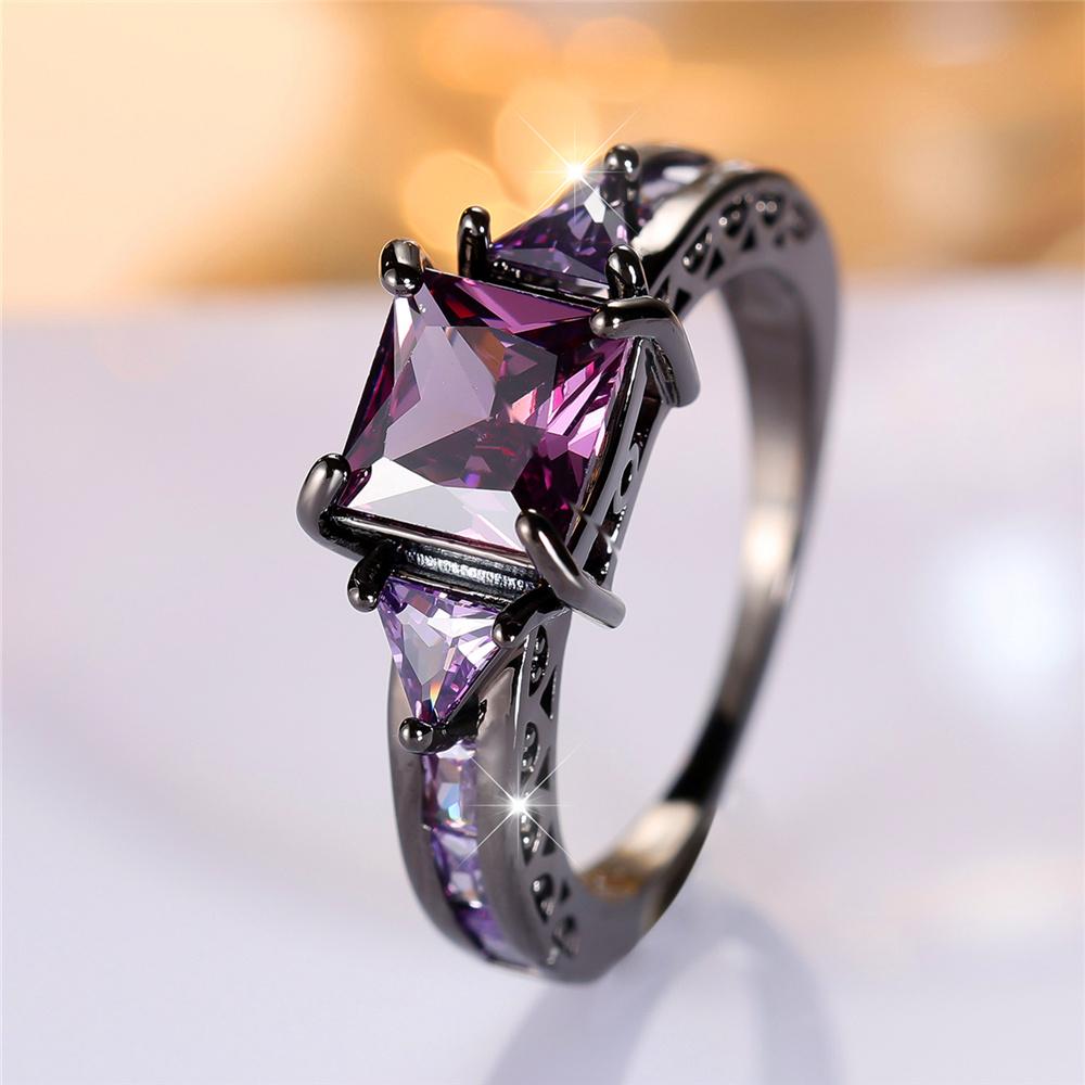 Cute Female Purple Square Zircon Stone Ring Vintage Fashion Black Gold Color Wedding Jewelry For Women
