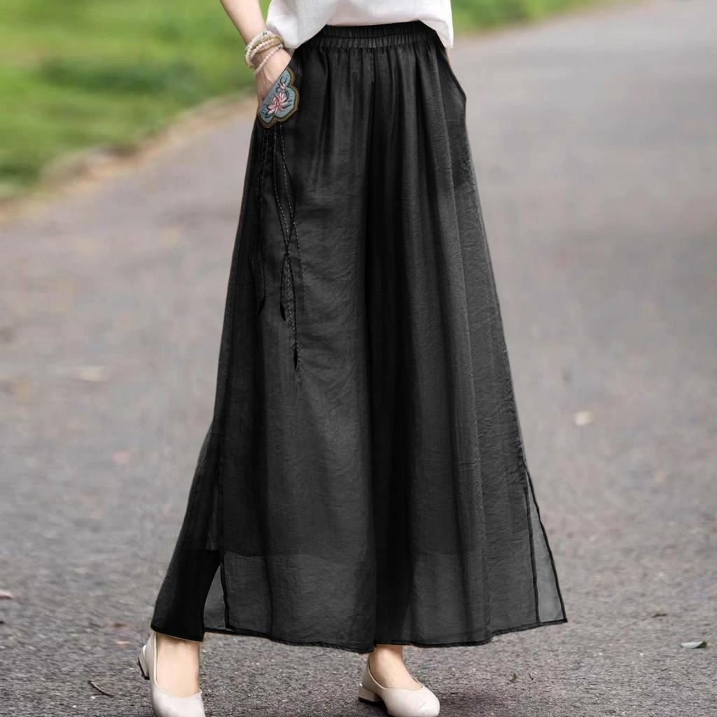 Damen Mode Doppellagige Weite Hosen Exquisite Bestickte Baumwolle Leinen Lässige Hosen