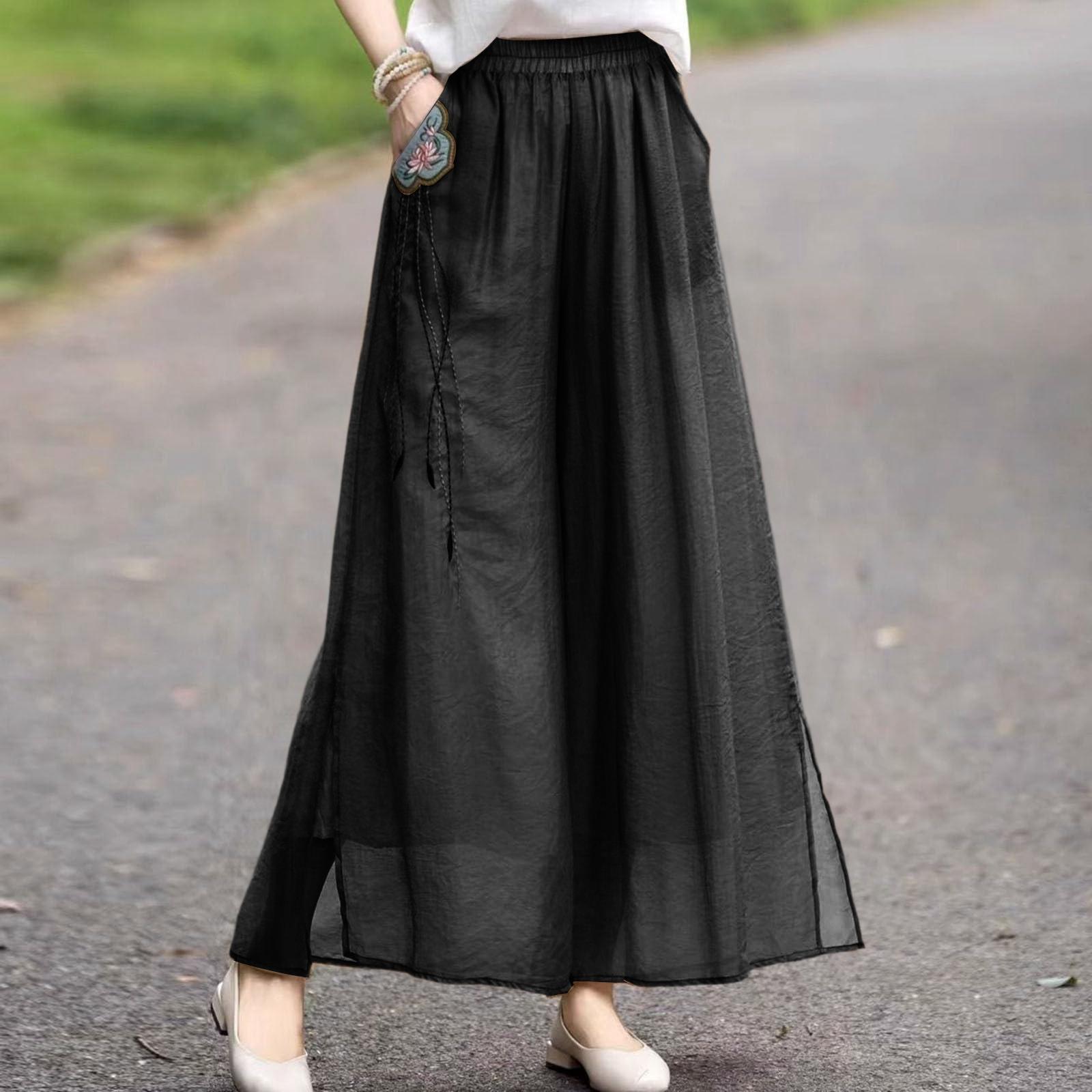 

Women s Fashion Double-Layer Wide-Leg Pants Exquisite Embroidered Cotton And Linen Casual Pants L чёрный