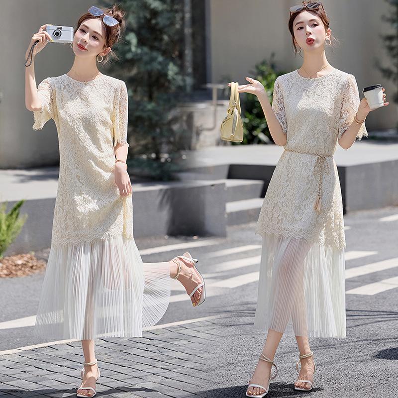 

Платье из полого кружева лето новая мода простое заклинание тонкое платье с круглым вырезом и короткими рукавами 2XL