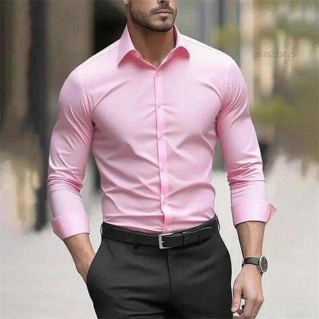 Cămașă pentru bărbați, stil business casual, cu mânecă lungă, culoare solidă, guler revere, rezistentă la șifonare, mărime mare