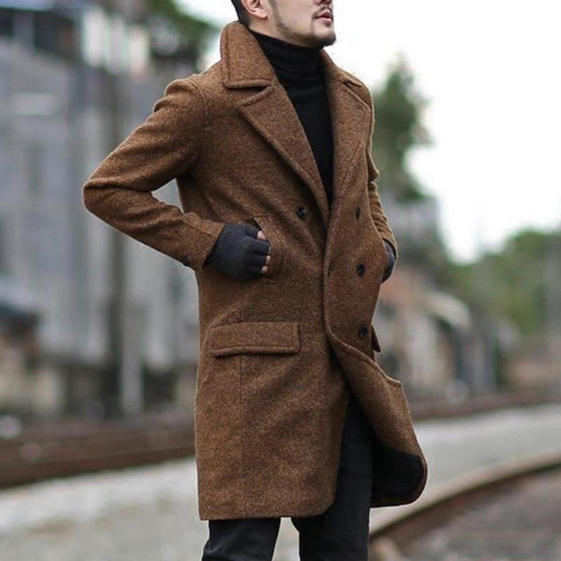 20 winter new double-breasted medium-length men's lapel woolen trench coat wish