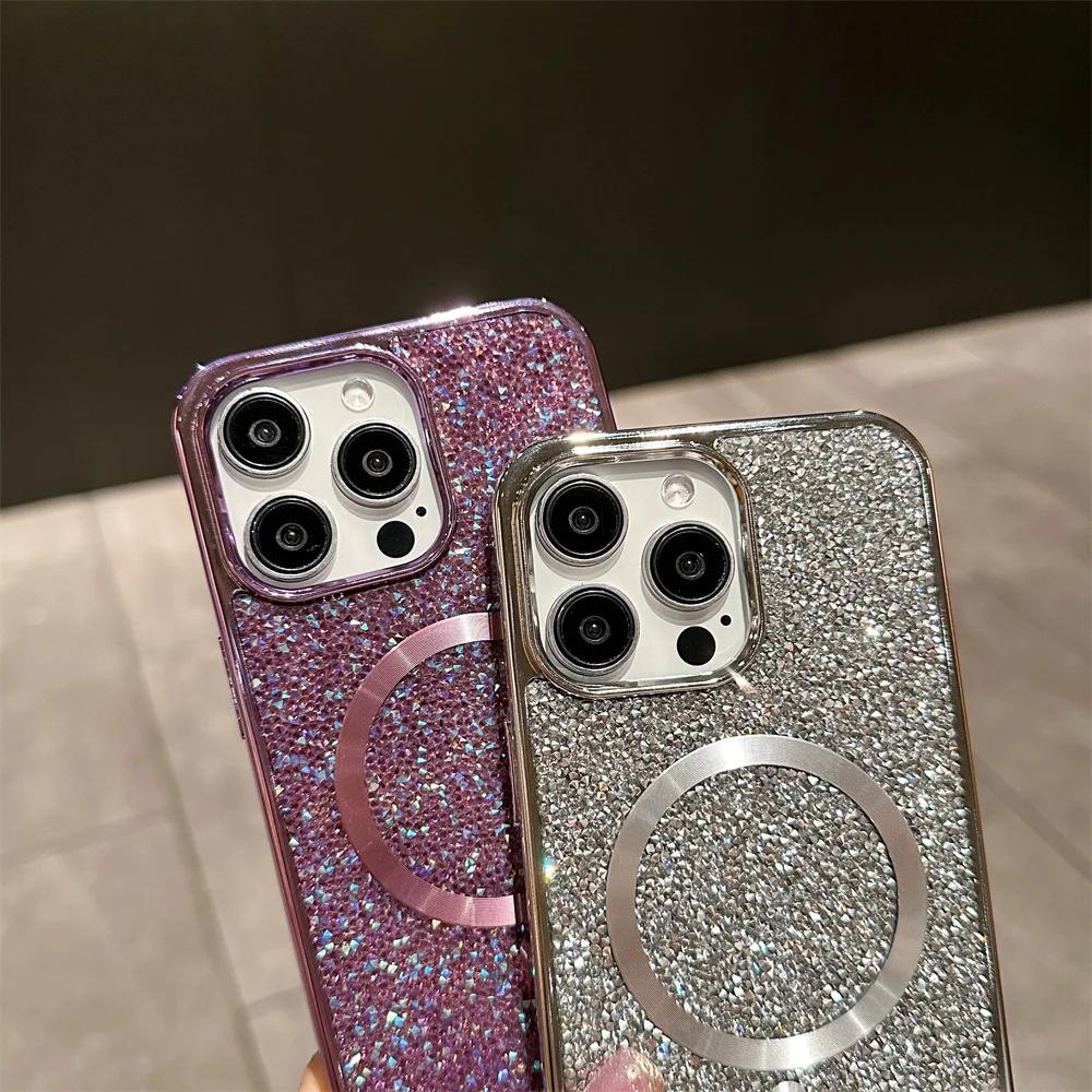 Luxusní třpytivý diamantový magnetický kryt na telefon pro IPhone 17 16 15 14 Plus 13 12 Pro Max pro Magsafe kryt pro bezdrátové nabíjení