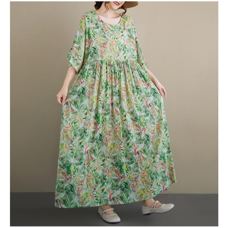 DIMANAF New 2026 Summer Beach Women Plus Size Lady Long Dress Loose Oversize Vintage Maxi Floral Print Cotton