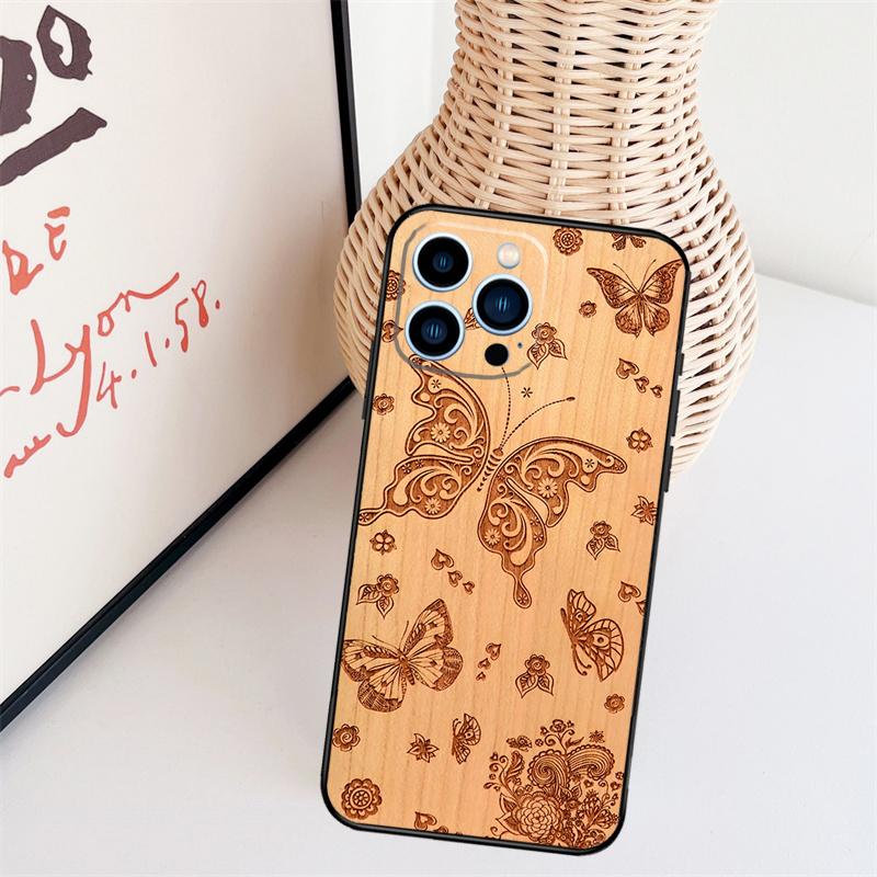 Wolf Bike Butterfly Wood Funda For iPhone 16 15 Pro 14 Pro Max Plus 11 13 12 Mini X XS XR Phone Case
