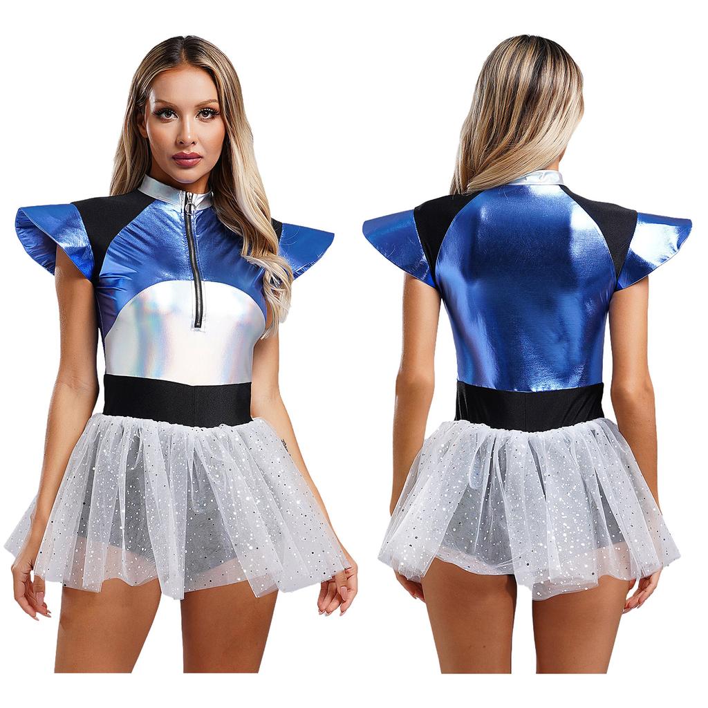 Woman's Outerspace Astronaut Alien Robot Cosplay Costume Metallic Cap Sleeve Tutu Dance Dress for Carnival Festival Halloween