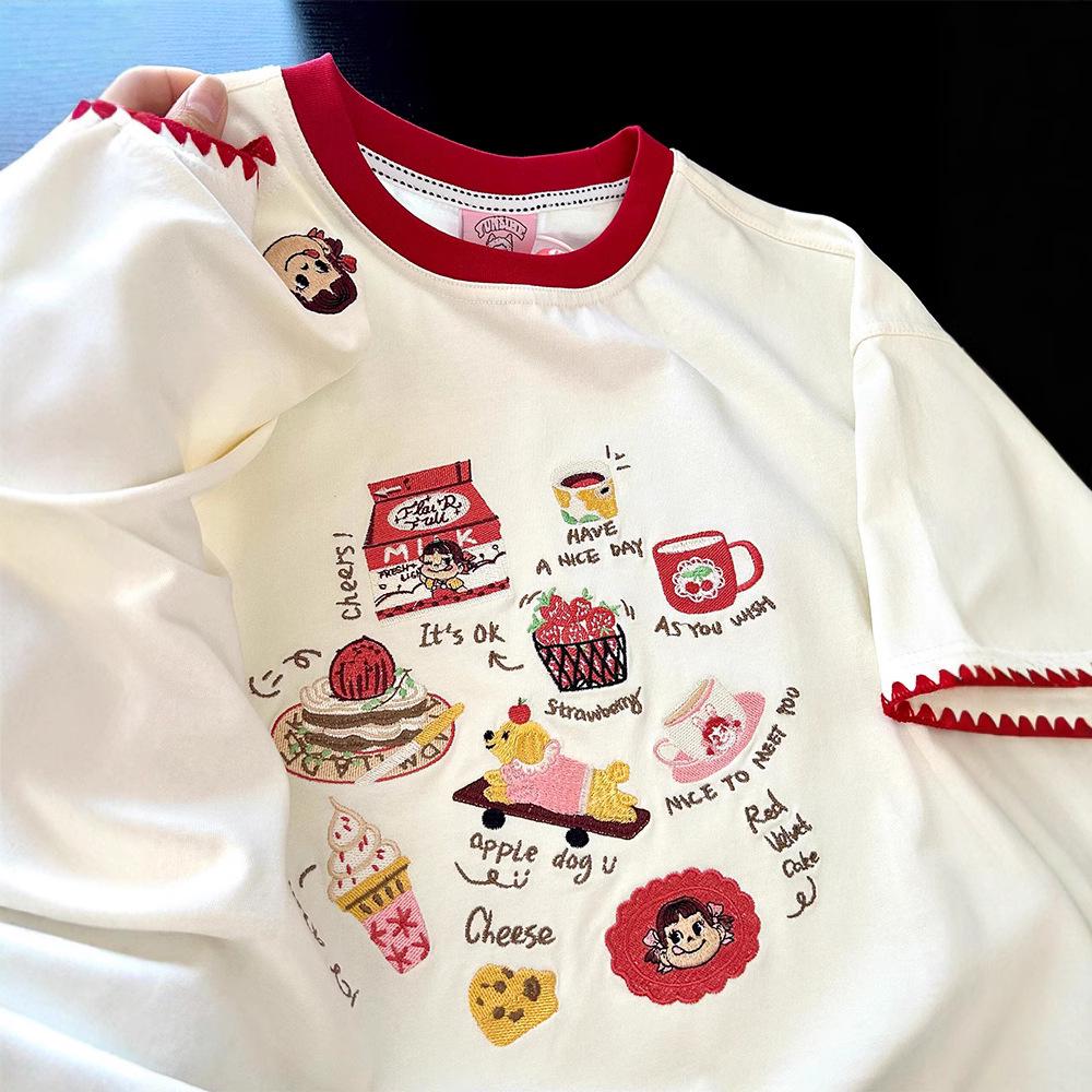

2025 Summer Cartoon Cat Embroidered Cotton T-Shirt - Short Sleeve, Round Neck, Loose Fit, Casual Slimming Style Medium