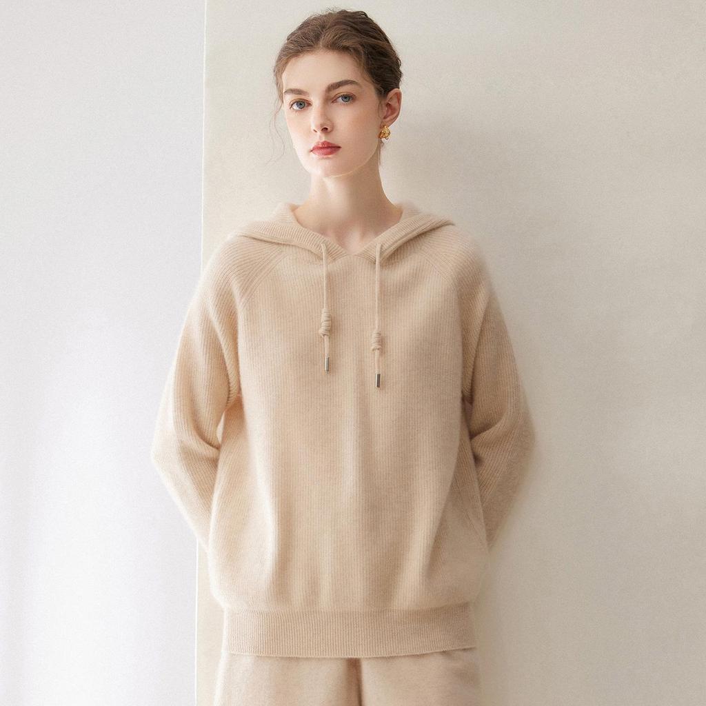 Women's Loose Knit Cashmere-Style Hooded Pullover Sweater, Solid Color, Base Layer for Autumn.