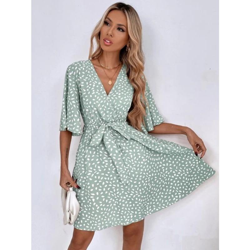 Fashion Polka Dot Printed Summer Dress Short Sleeved V-neck Lace-up Slim Waist Versatile Casual Loose Simple A-line Party Short Dress Elegant Female